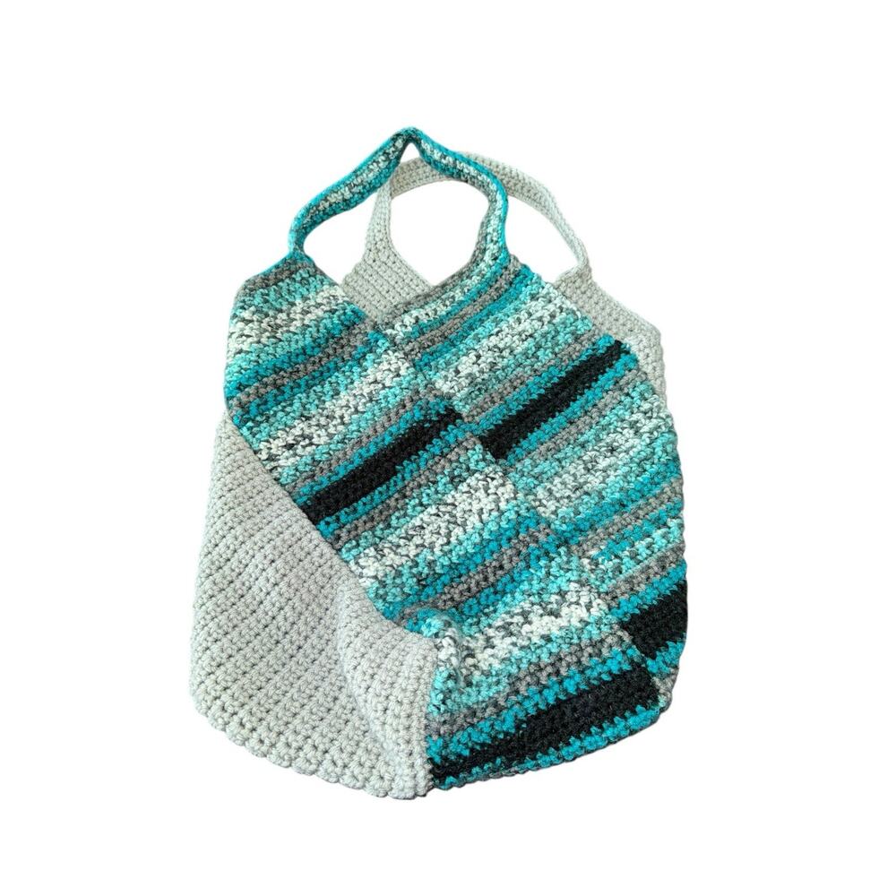 Handmade‎ Crocheted Shoulder Bag Purse Gray Teal Black Yarn Boho Festival Tote
